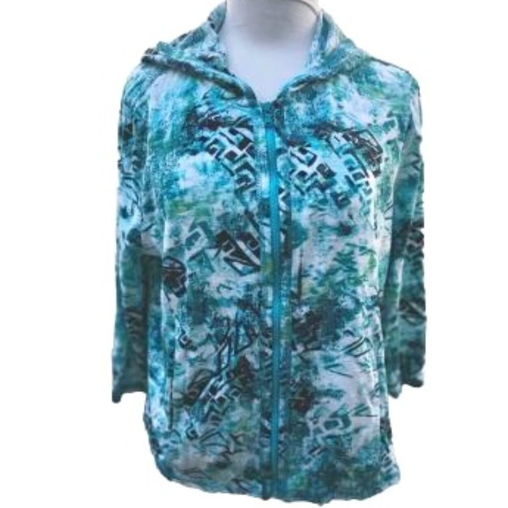 Weekends by Chico's Jacket Hooded Women's Sz 2 L 12 Full Zip White Turquoise